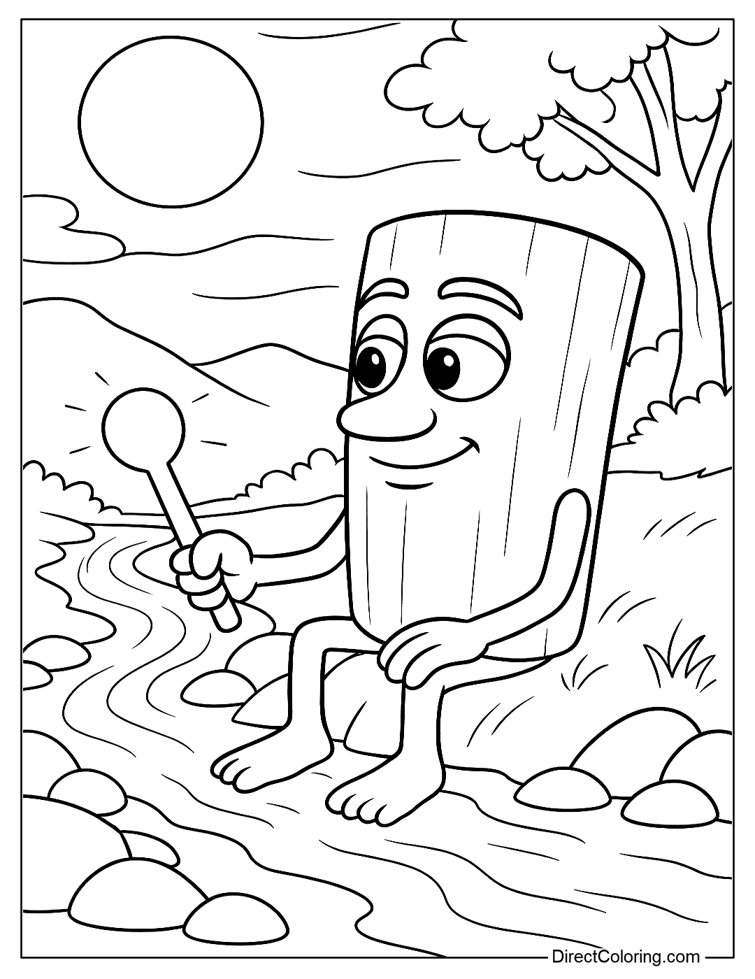a coloring page of Sahur sitting by the stream, talking to the moon in silence